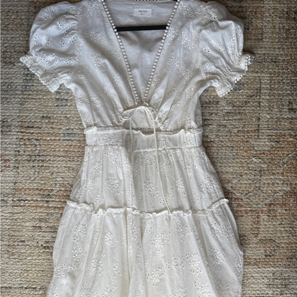 White Eyelet Short Dress with puff sleeves - Size S
